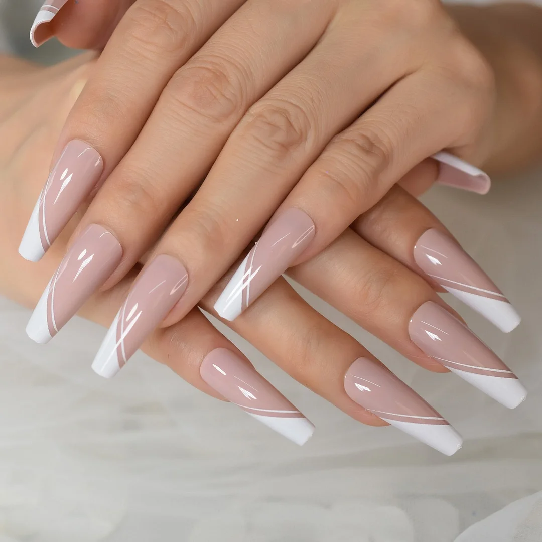 Extra Long Ballerina Faux Ongles White Hypotenuse Line Decorative French Nail Art Tips Nude Pink Base Manicure Tip 24-Nail Inspo
