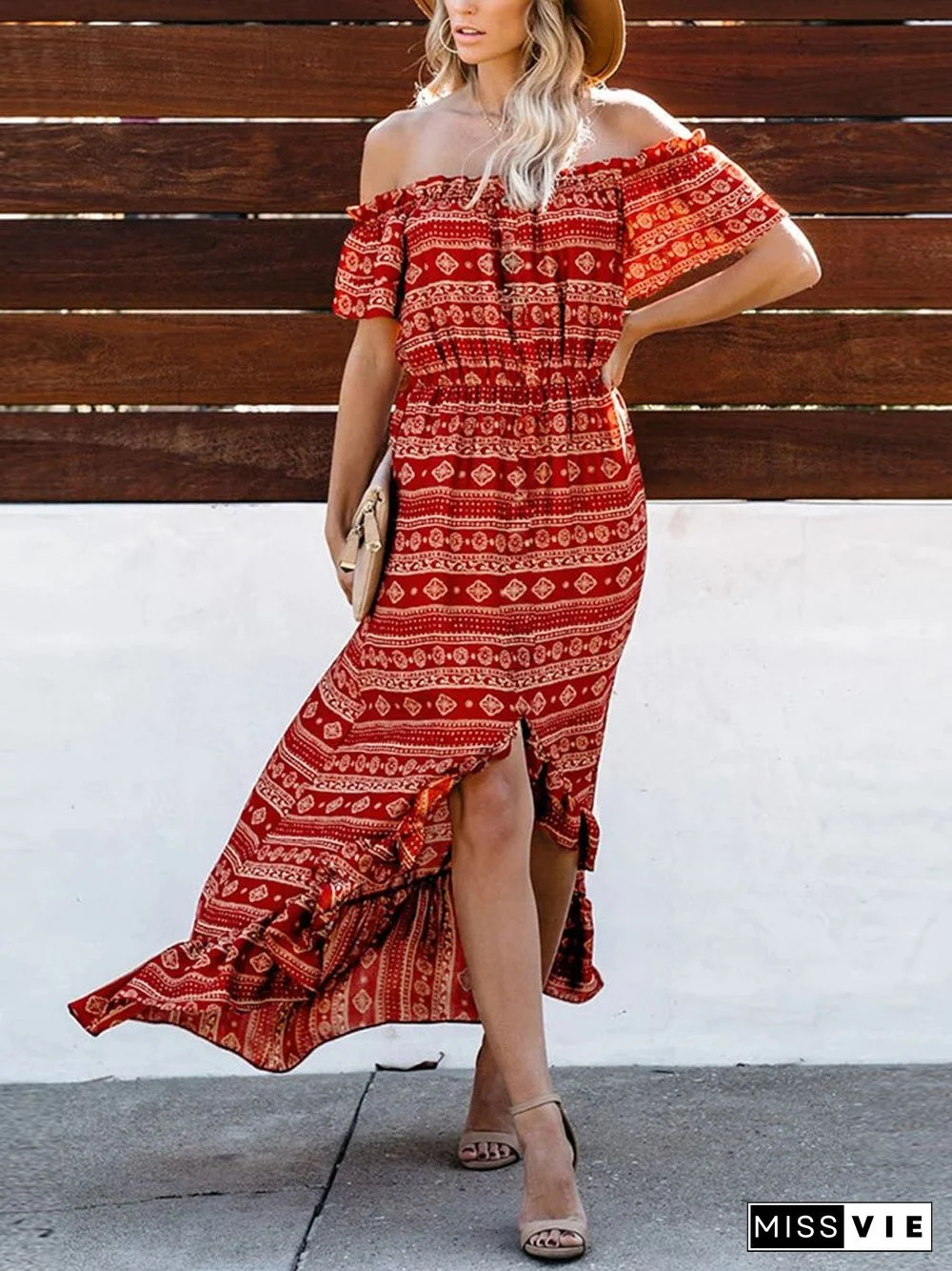 Shoulder Printed Slit Ruffle Maxi Dress P14790