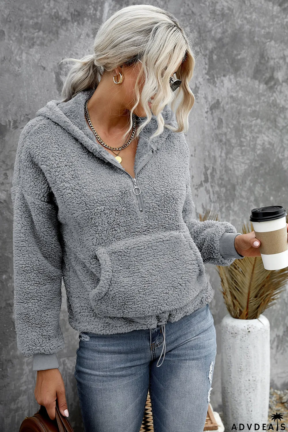 Gray 1/4 Zip Hooded Sherpa Sweatshirt with Kangaroo