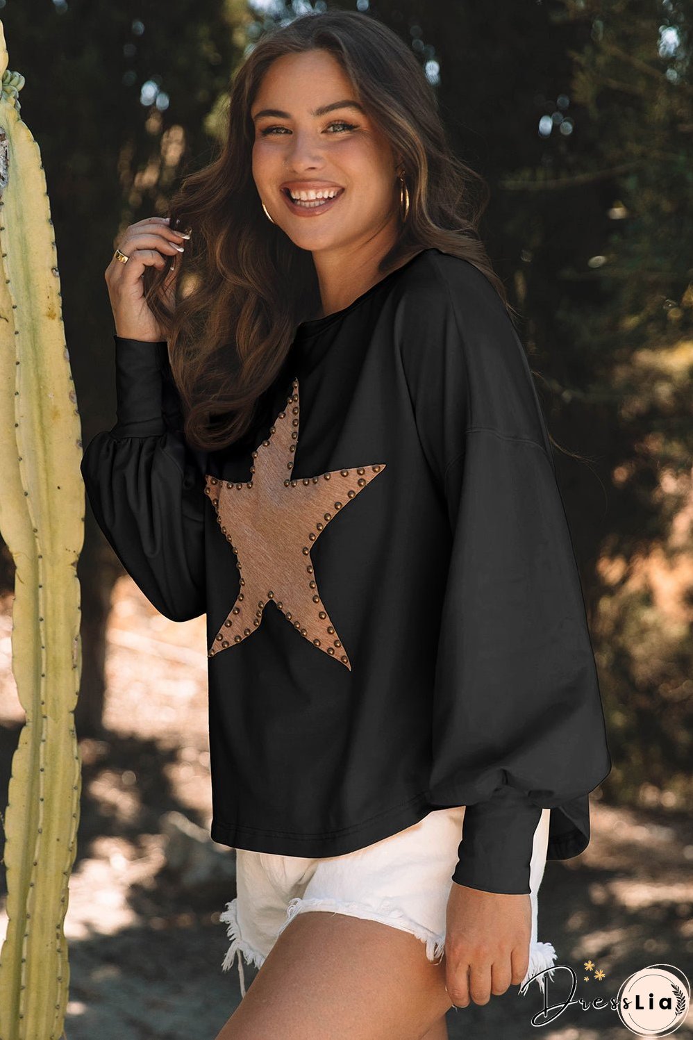 Black Studded Star Graphic Oversized Long Sleeve Top