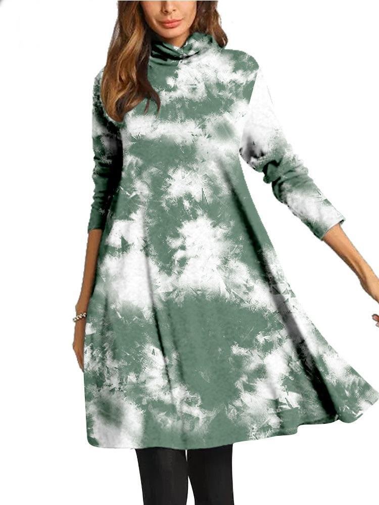 Ladies' Turtle Neck 3/4 Sleeve Floral Printed Midi Dress