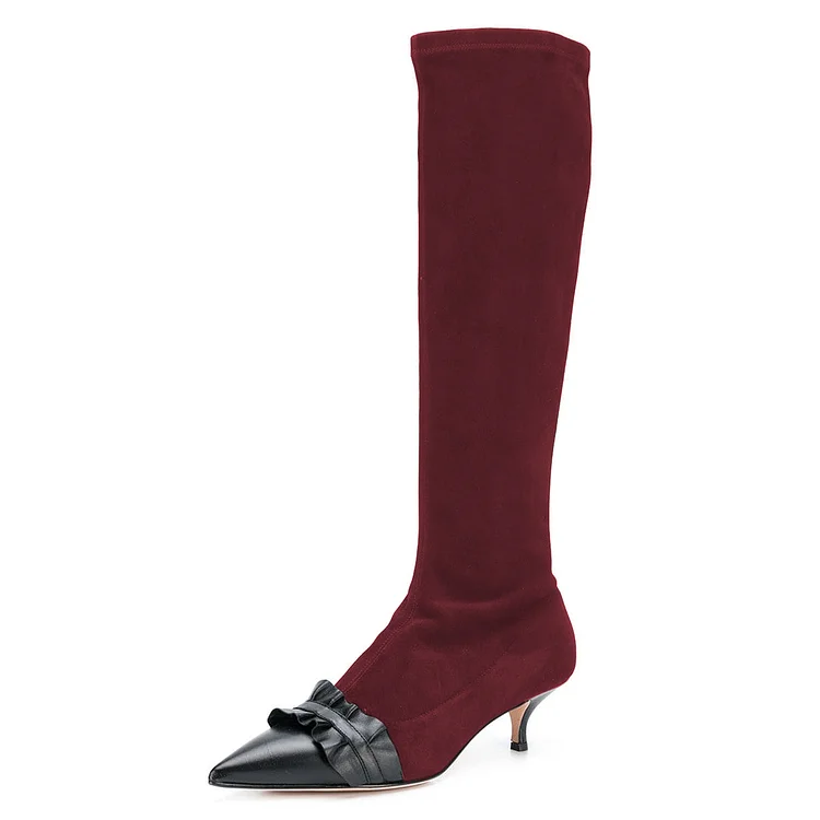 Maroon Pointy Toe Ruffle Kitten Heel Boots Fashion Mid Calf Boots |FSJ Shoes