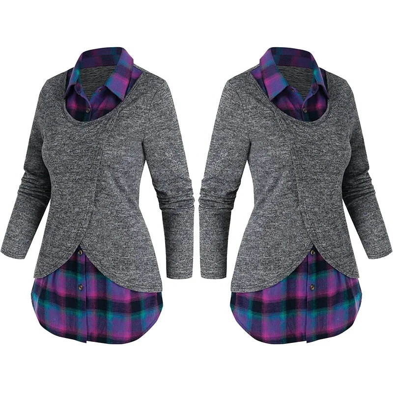 Women's Top Knitted Plaid Stitching Long Sleeves