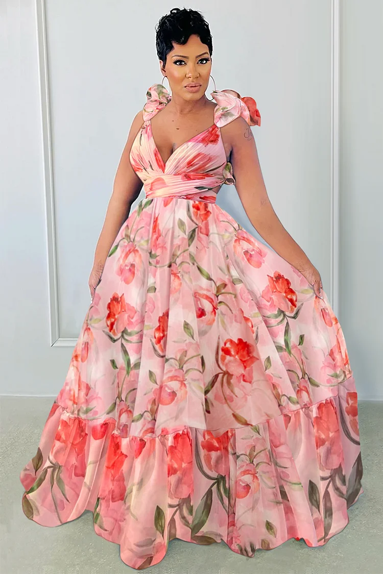 Rosette V Neck Wrapped Floral Print Vacation Maxi Dresses-Pink [Pre Order]