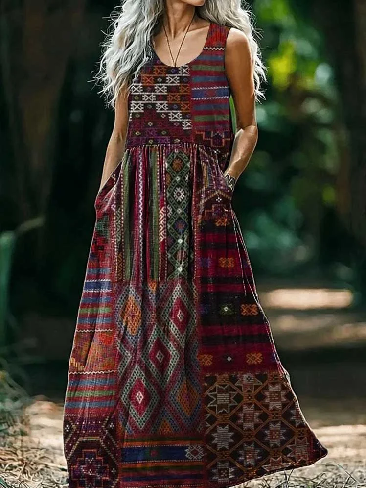 Women's Vintage Ethnic Patchwork Print Sleeveless Cotton Pocket Dress