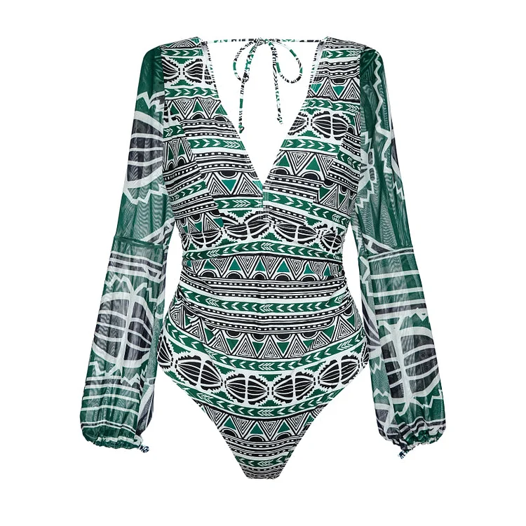 Flaxmaker Long Sleeve Printed Backless Sexy One Piece Swimsuit