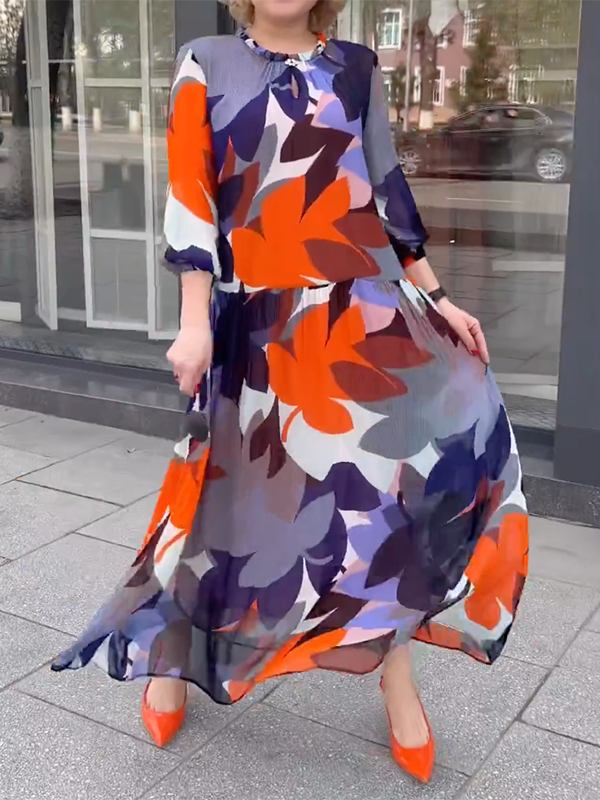 Floral Printed Long Sleeves Round-Neck Maxi Dresses