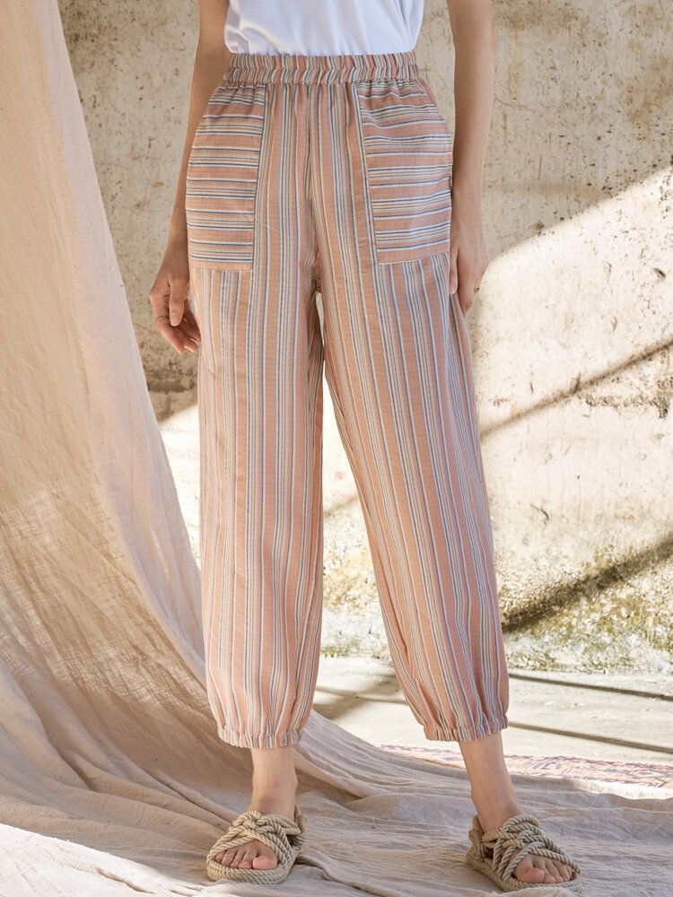 Stripe Print Pocket Elastic Waist Pants For Women - Chicaggo