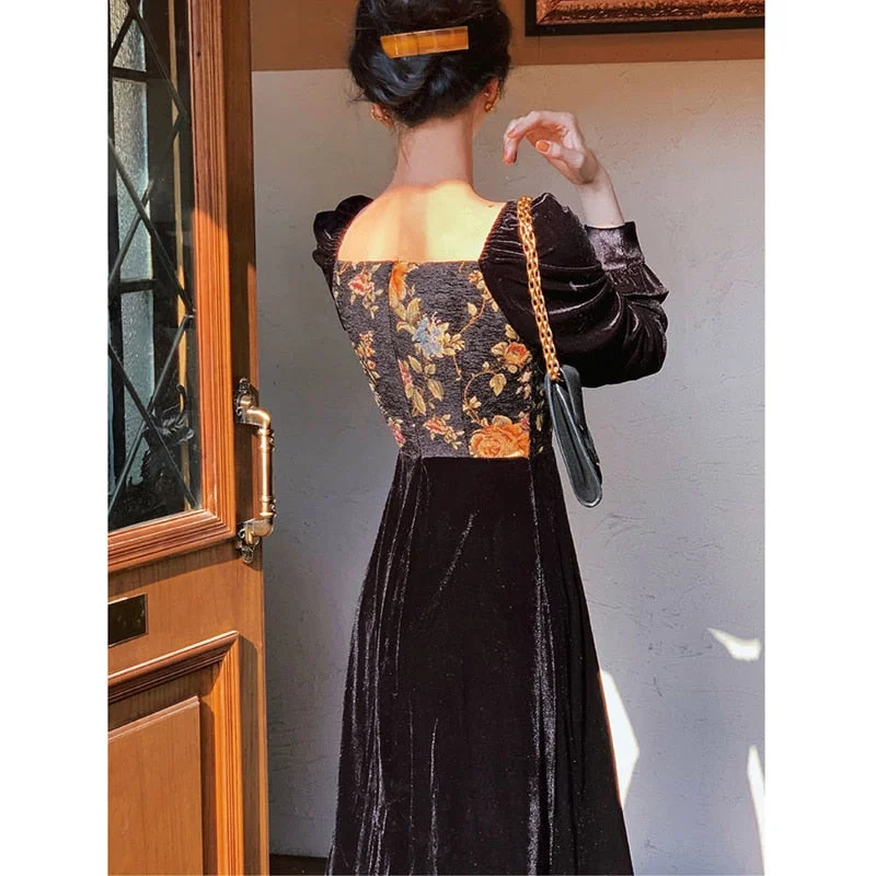 Billlnai  2023 Vintage Velvet Black Dress Lady Square Collor Long Sleeve Eveing Party Midi Dress Women Casual One Piece Dress Korea