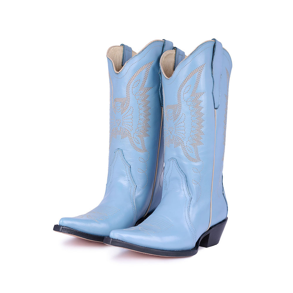 Women's Embroidered Snip Toe Mid-Calf Light Blue Cowboy Boots Nicepairs