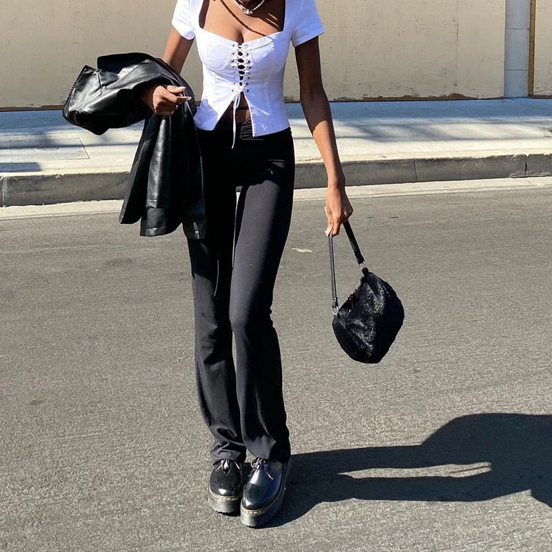 Cryptographic Chic Fashion Square Collar Lace Up Top and Blouse for Women Short Sleeve Summer Top Blouses Elegant Vintage