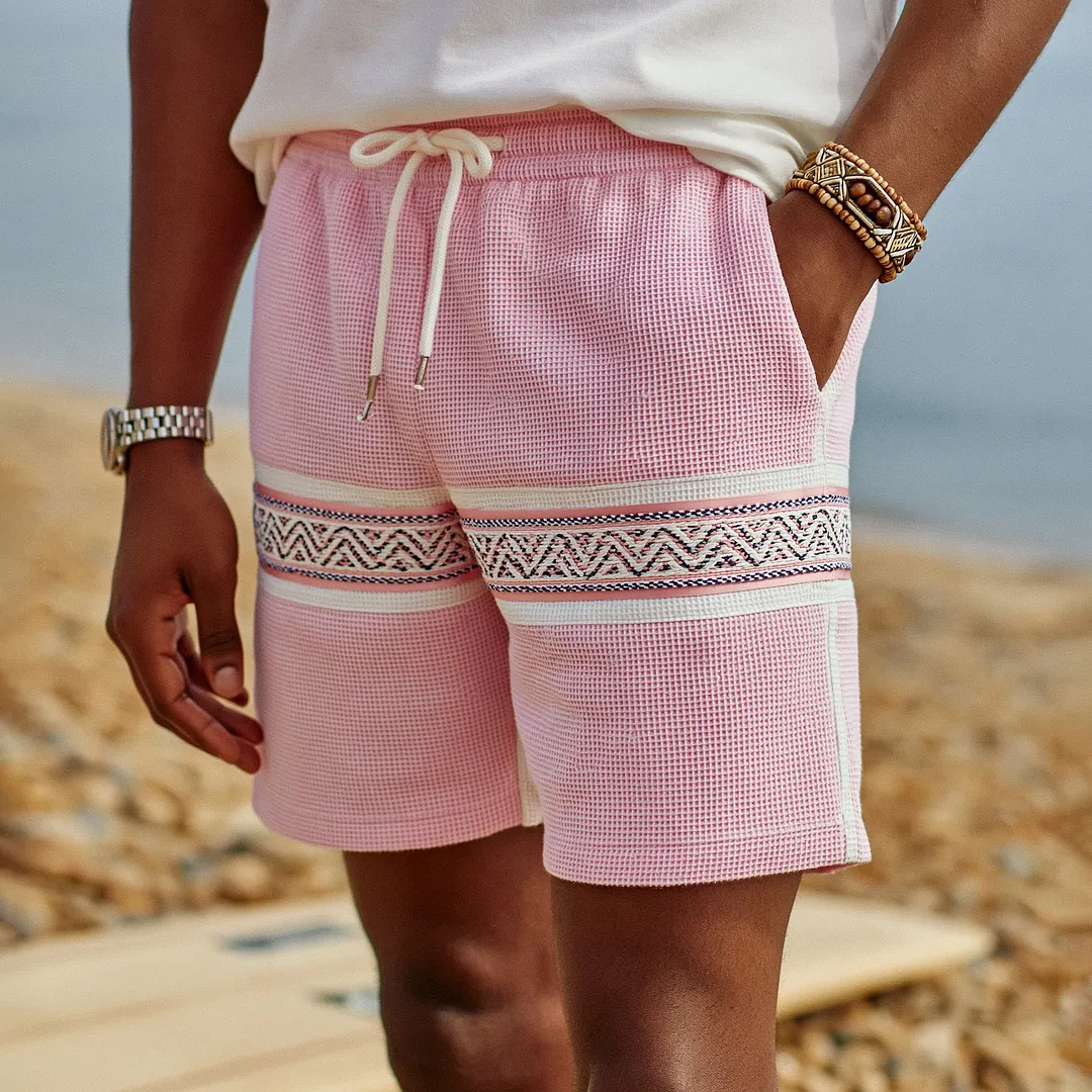 Men's Waffle Cotton Beach Shorts With Ethnic Pattern And Drawstring Waist-INSPIREUSE