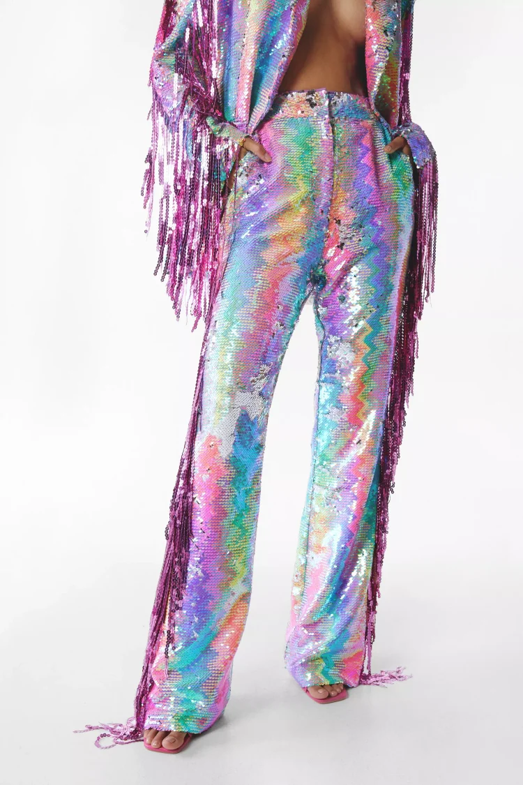 Women's Sequin Colorblock 2-Piece Set - Loose Summer Top And Wide Leg Pants Outfit