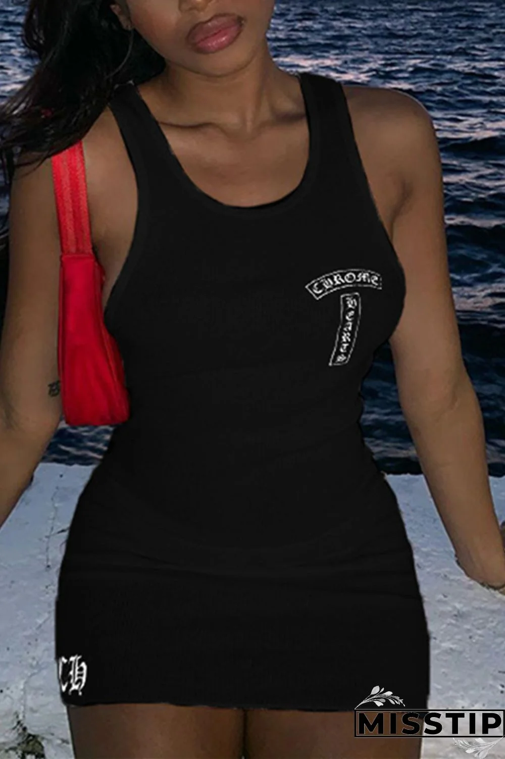 Black Fashion Sexy Spaghetti Strap Sleeveless U Neck Sling Dress Mini Print Dresses