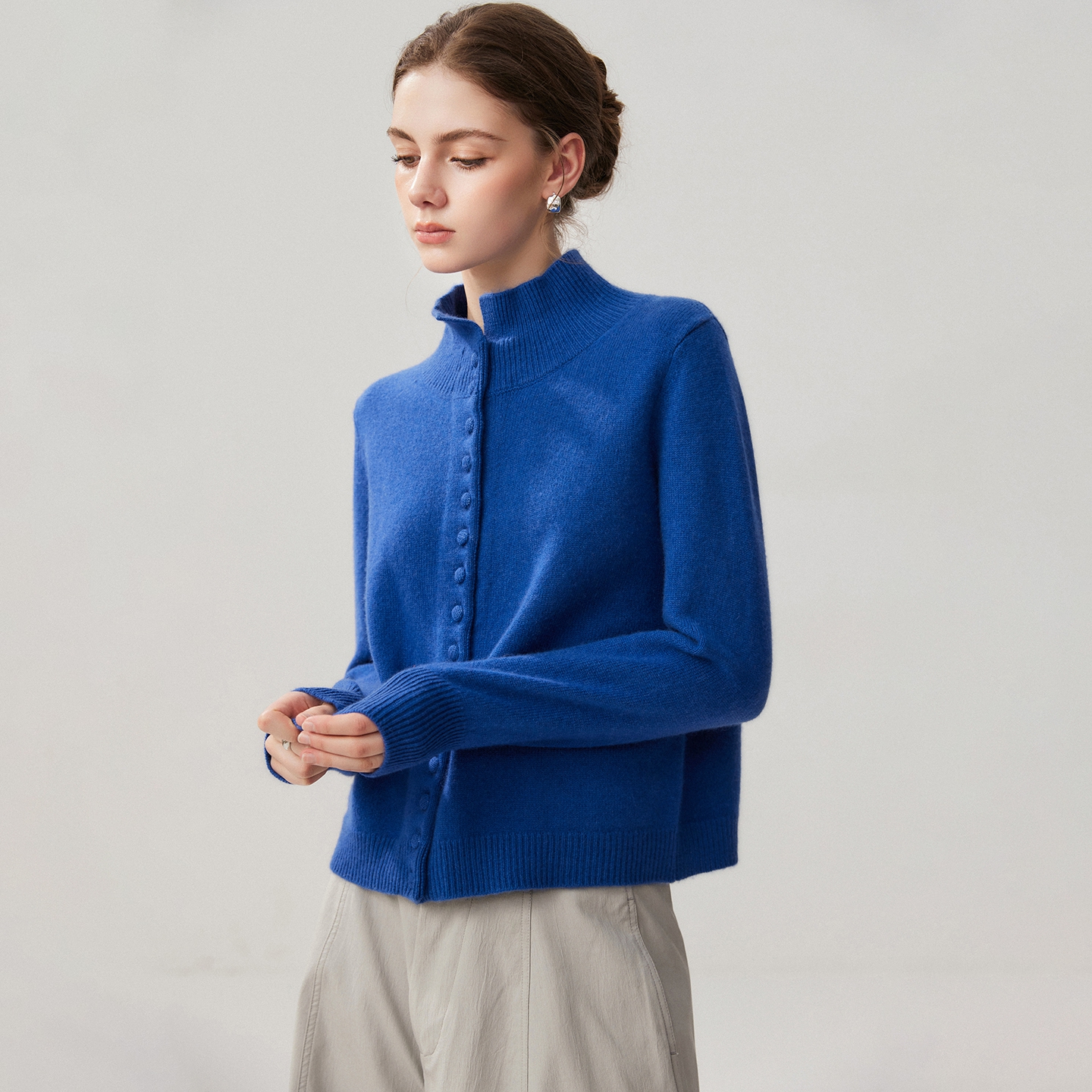 Women's Baby Cashmere Cardigan Regular Fit Covered-Button Mock Neck REAL SILK LIFE