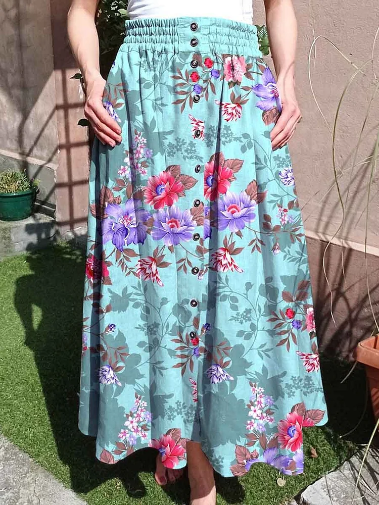 Women's Elegant Rose Flower Print Cotton Skirt