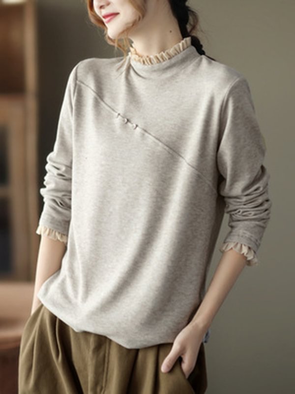 Vintage Lace Split-Joint High-Neck T-Shirts Tops