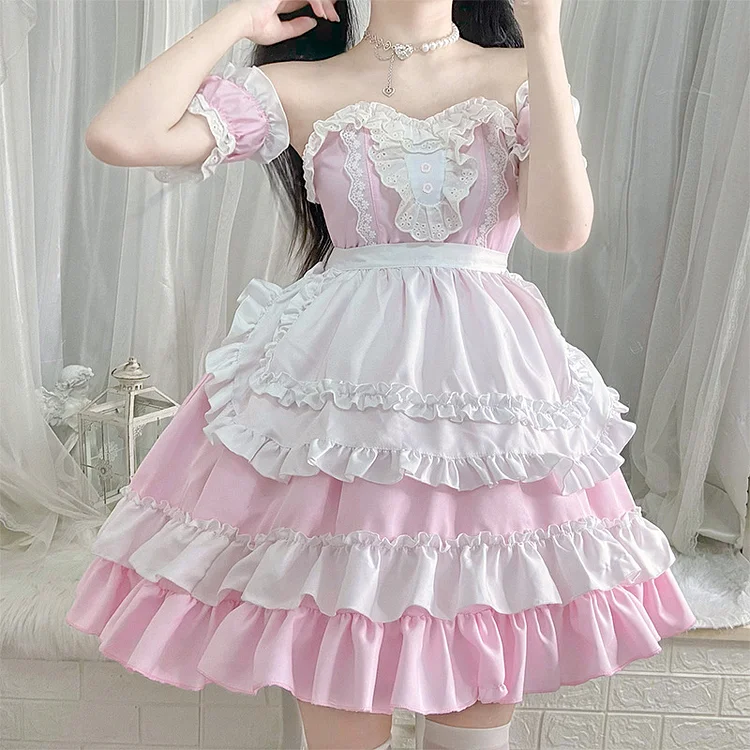 Lolita Sleeveless Off Shoulder Strapless Tiered Ruffled Mini Maid Dress