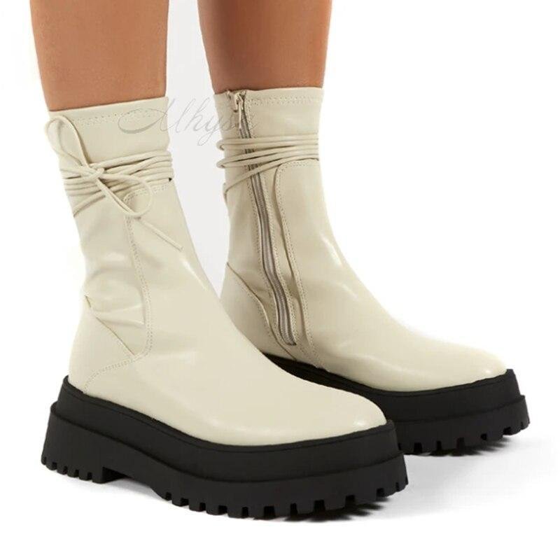 2021 New Winter Fashion Boots Women Platform Warm Shoes Mid-Calf Boots Ankle Boots Zipper Leather Boots Women Botas Mujer 1026-1