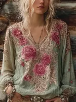 Bohemian Retro Plant And Flower Pattern Casual Cotton And Linen Long-sleeve Top