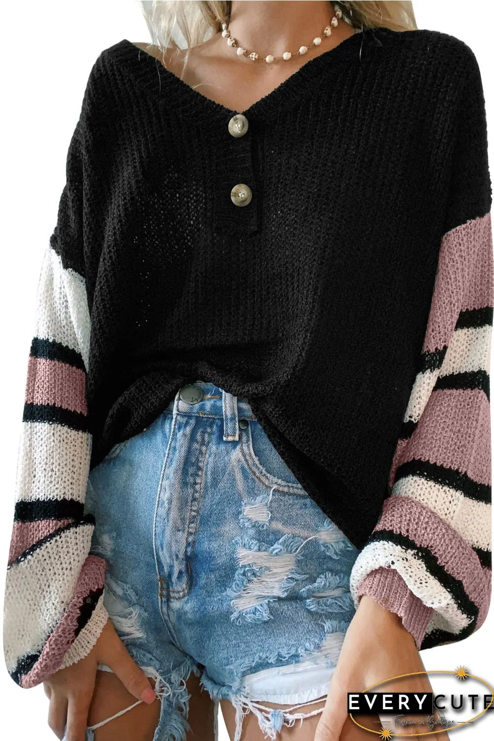 Black Striped Raglan Sleeve Drop Shoulder Sweater