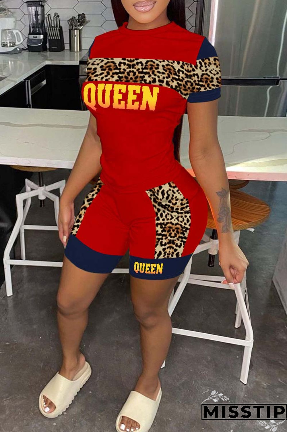 Pink Casual Letter Print Patchwork O Neck Short Sleeve Two Pieces