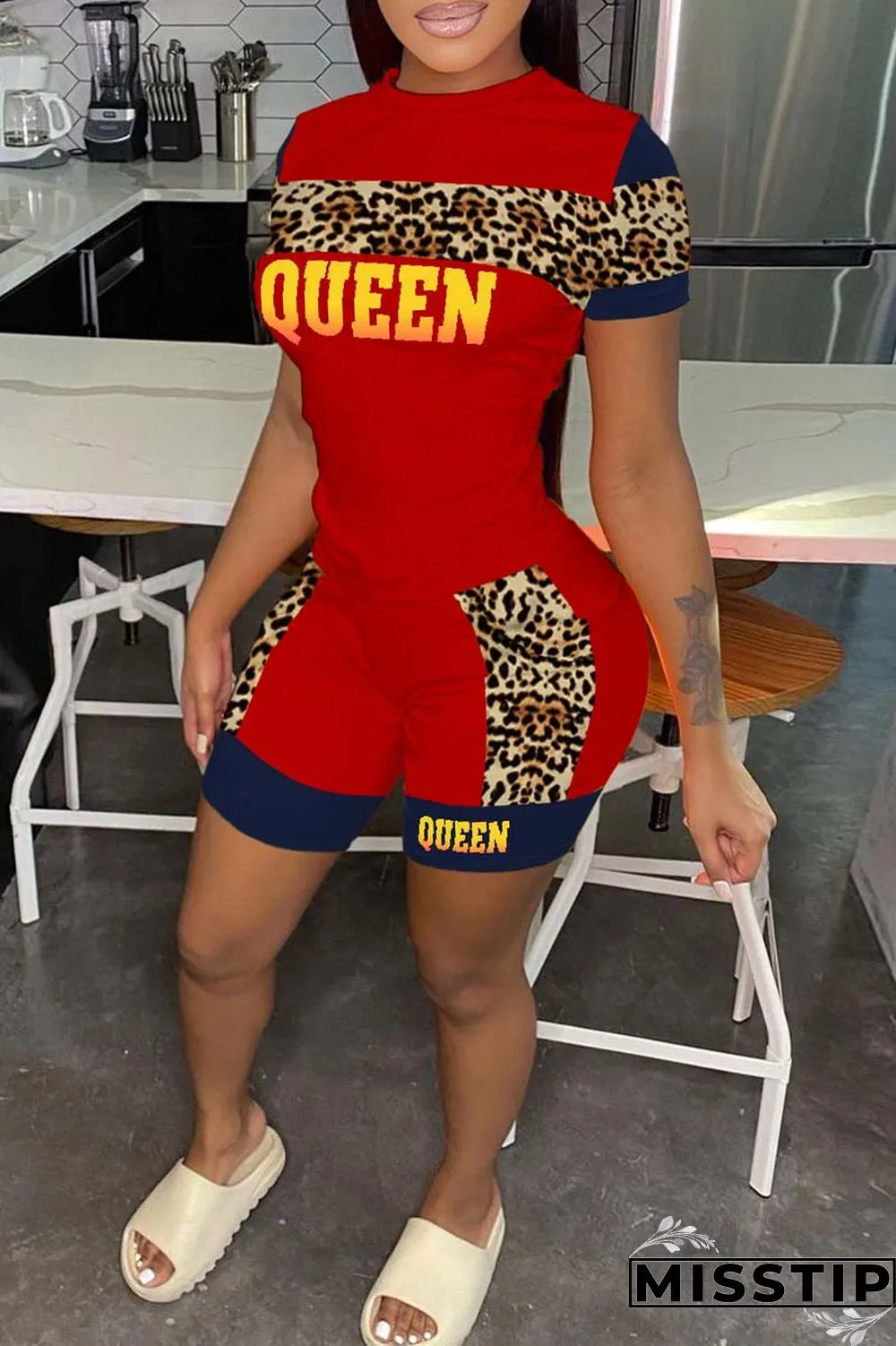 Pink Casual Letter Print Patchwork O Neck Short Sleeve Two Pieces