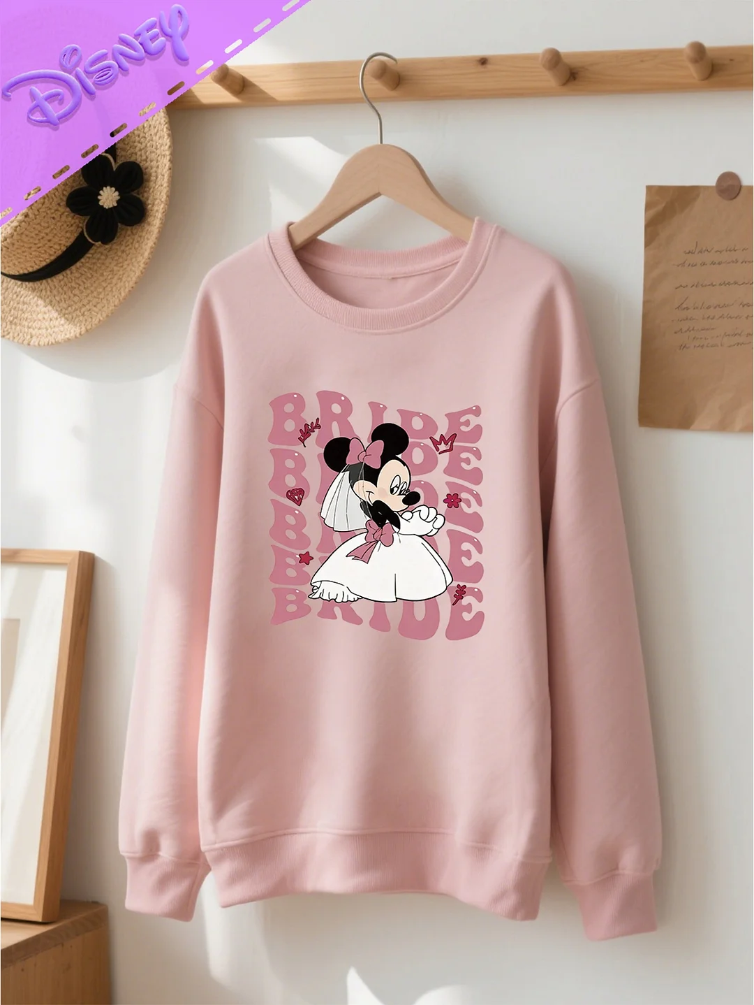 Disney Licensed Women's Bride Mickey Graphic Sweatshirt - Pink Hearts & "Bride" Text Design, Soft Round Neck Short Sleeve, Machine Washable Casual Spring Summer Vacation Wear, Versatile Streetwear & S Apparel, Everyday Fashion, Playful Design | IFYHOME