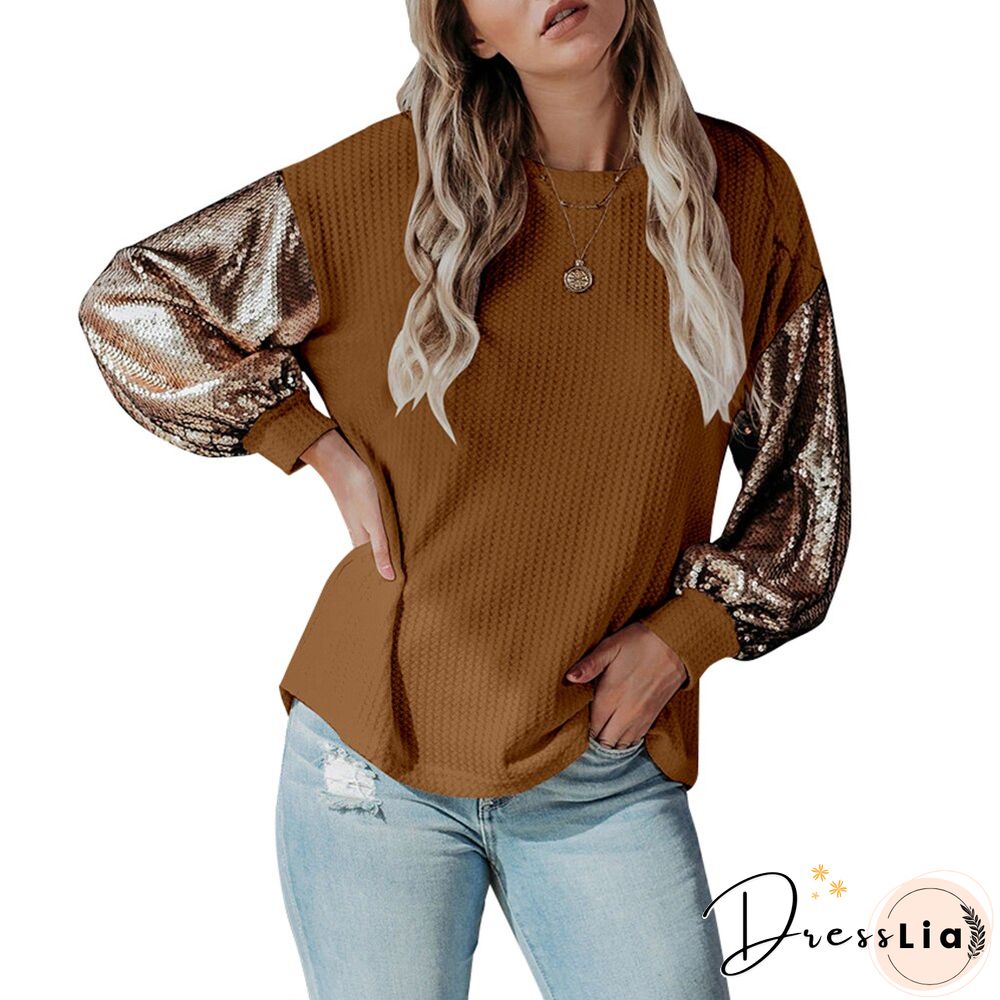 Sale Long Sleeve Ladies Top And Shirt Sequins Knitted Female Blouses Fashion Patchwork Women Blouses Tee Shirt Fall Spring D30