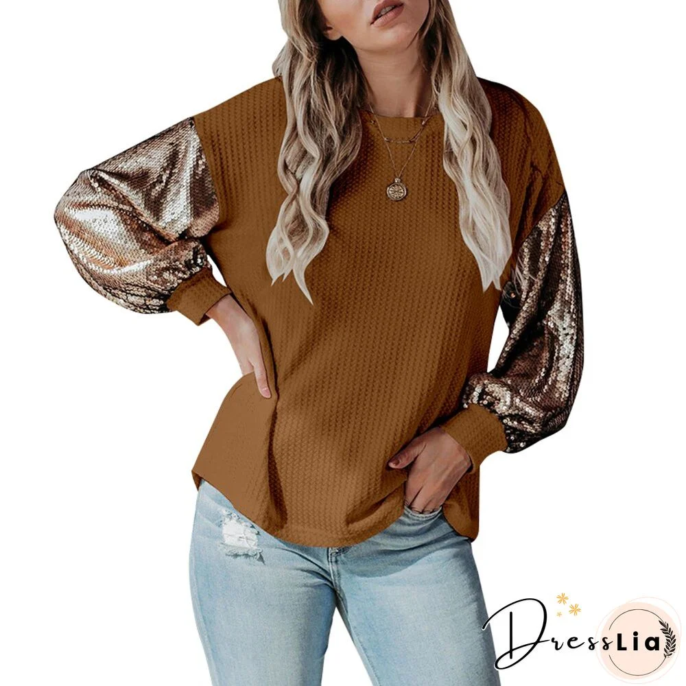Sale Long Sleeve Ladies Top And Shirt Sequins Knitted Female Blouses Fashion Patchwork Women Blouses Tee Shirt Fall Spring D30