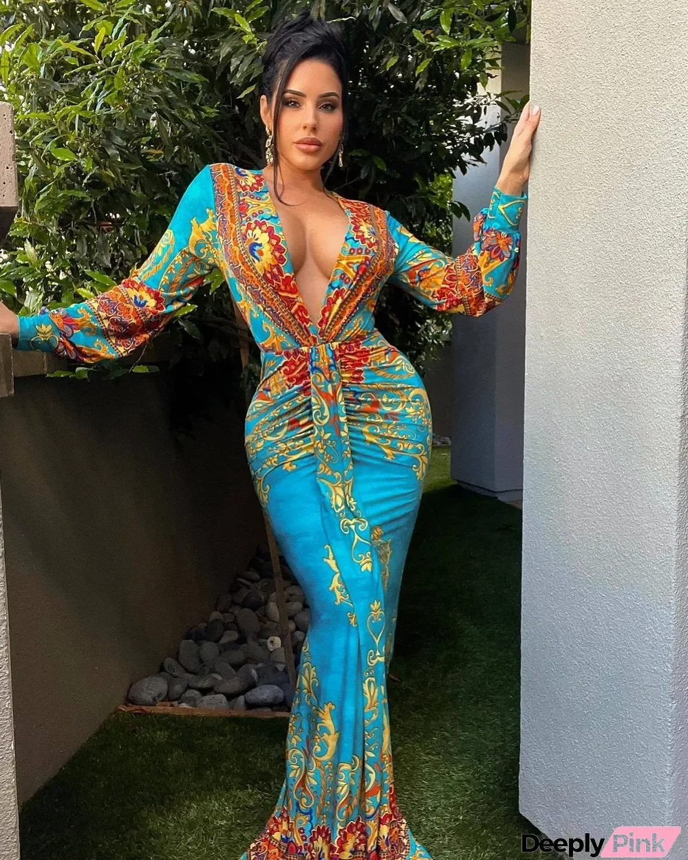 Women's Positioning Print V-Neck Long Sleeve Sexy Slim Maxi Dress