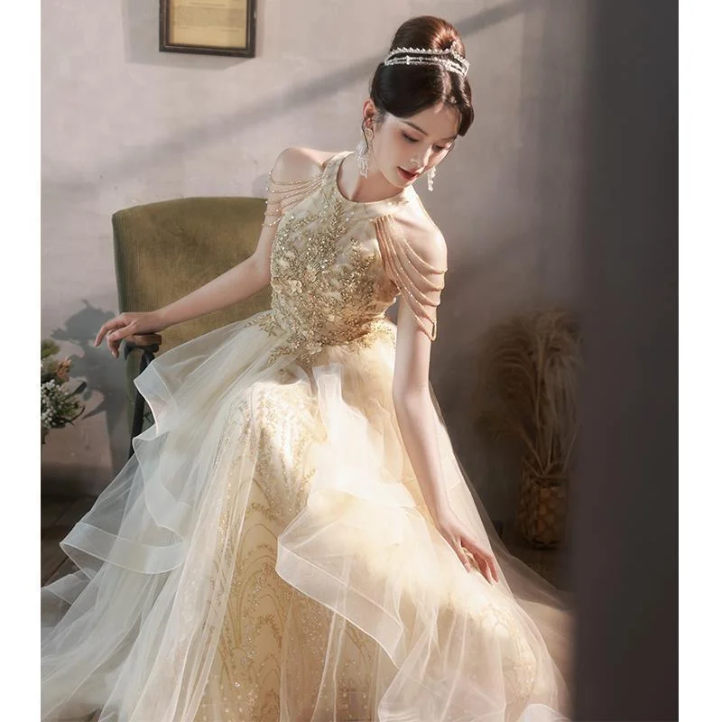 Brownm Champagne Evening Dress Female Banquet Temperament High Tuxeds Host High Sense Light Luxury Niche High-End Performance Dress