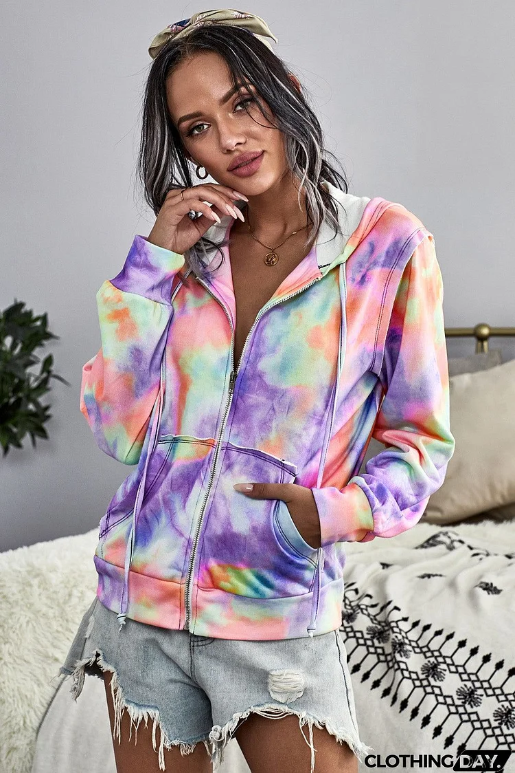 Women Multicolor Tie-dye Pocket Zip Up Hoodie