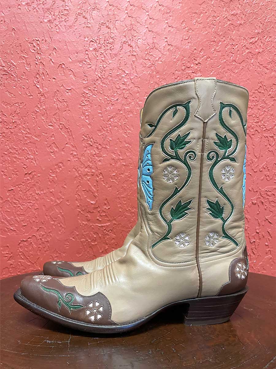 Butterfly Floral Inlay Chunky Heel Cowgirl Boots for Women in Brown