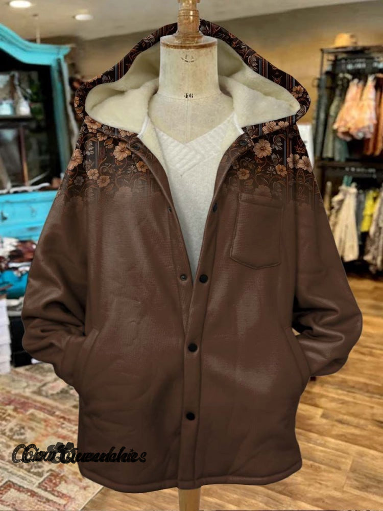 Brown Print Cozy Plush Sweatshirt Hooded Coat / S