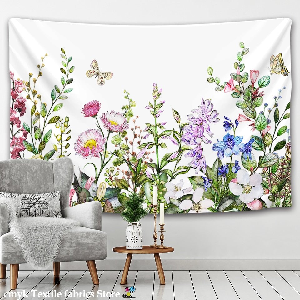Colorful Floral Plants Tapestry Vintage Herbs Tapestry Wild Flowers Tapestry Wall Hanging Nature Scenery Tapestry for Living