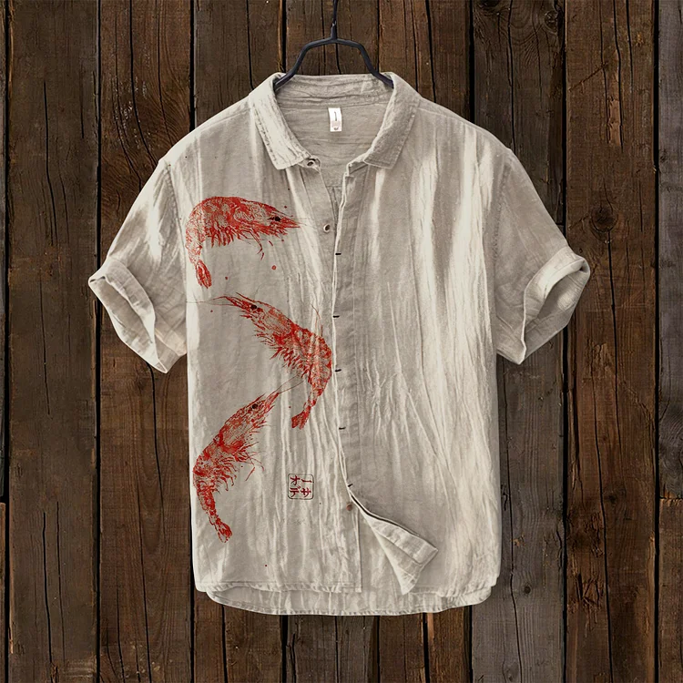Vintage Shrimp Art Printed Linen Blend Blouse