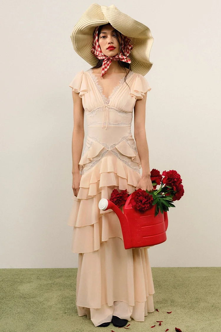Flutter Sleeve Lace Trim Cinch Waist Ruffled Maxi Dresses-Peach [Pre Order]