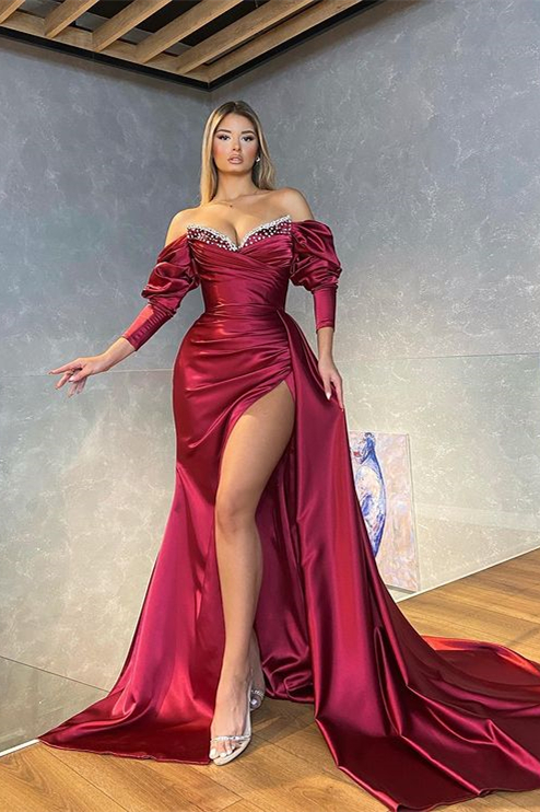 Oknass Mermaid Burgundy Long Sleeves Prom Dress Slit