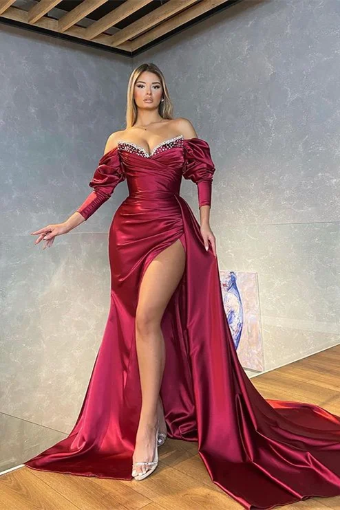 Glamorous Burgundy Long Sleeves Mermaid Prom Dress Slit With Ruffles - lulusllly