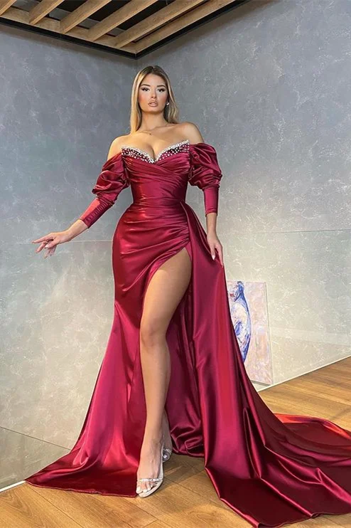 fitted lace wedding dress Sparkly Red Mermaid Lace Prom Dresses with Long Sleeves – Rosymae main image 1