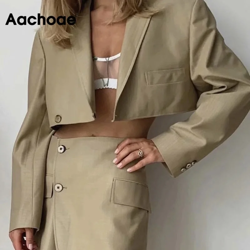 Aachoae Fashion 2 Piece Set Women Blazer Skirt Suit 2021 Solid Color Cropped Blazer Sets Ladies Side Split Mini Skirts Outfits