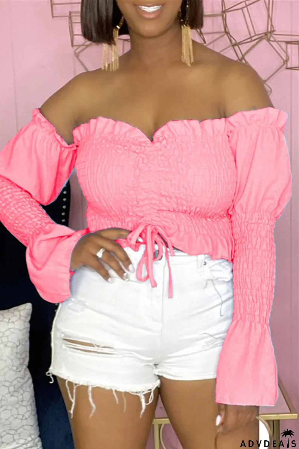 Blue Sexy Casual Solid Draw String Backless Off the Shoulder Tops