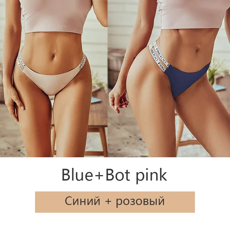 FINETOO 2Pcs/set Seamless Thongs Women Brazilian Underwear M-XL Female Panties Fashion Hollow Low Waist Letter Bikini Panty 2021