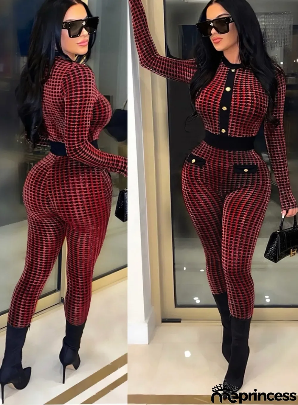 Winter Fashion Print Button Long Sleeve Jumpsuit
