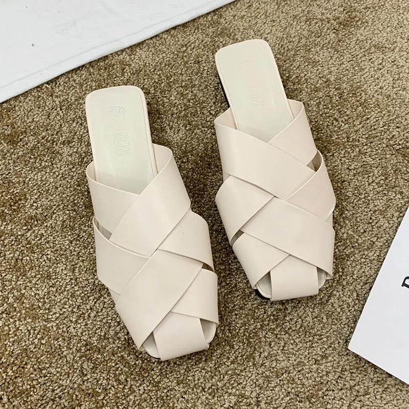 Shoes Loafers Woman's Slippers Luxury Slides Low Square Toe Mules For Women 2020 New Designer Summer Cover Flat Buckle Strap