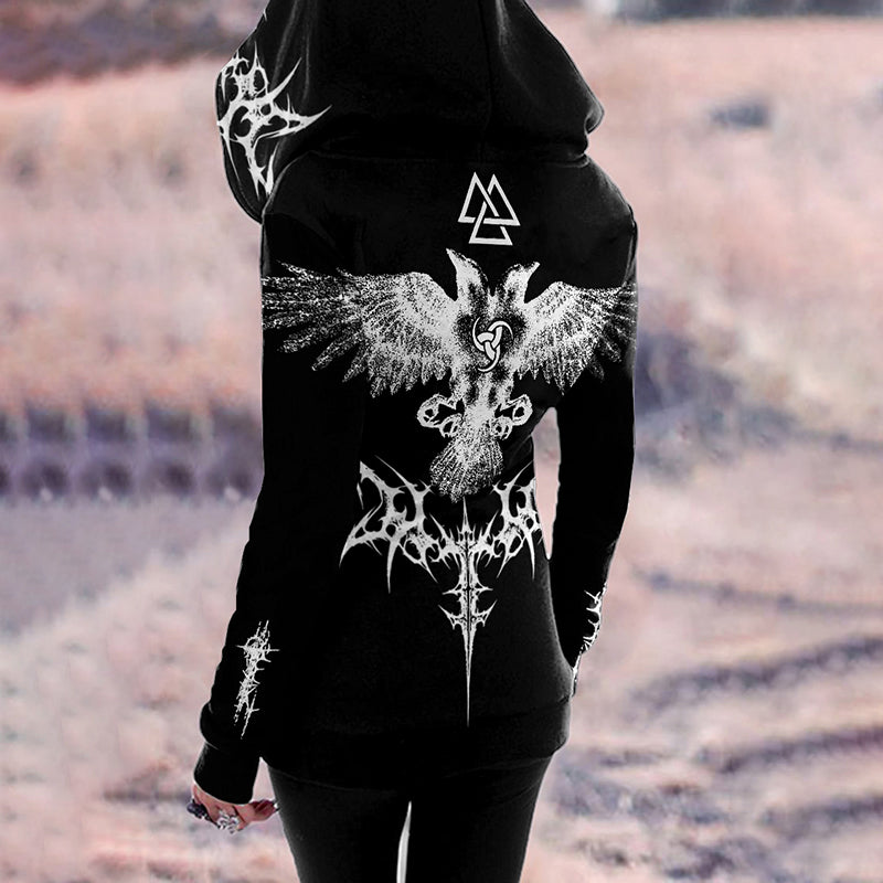 Retro Viking Two-Headed Bird Totem Print Zip Gothic Hoodie