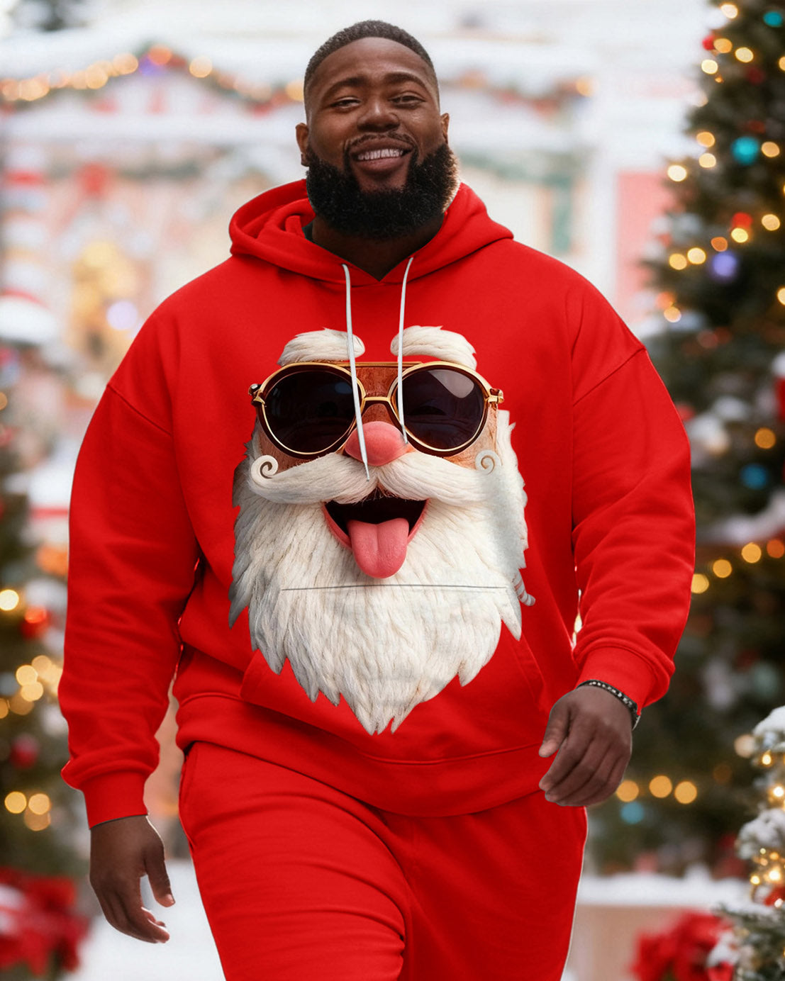 Big & Tall Men's Christmas Sunglasses Santa Print Hoodie Set