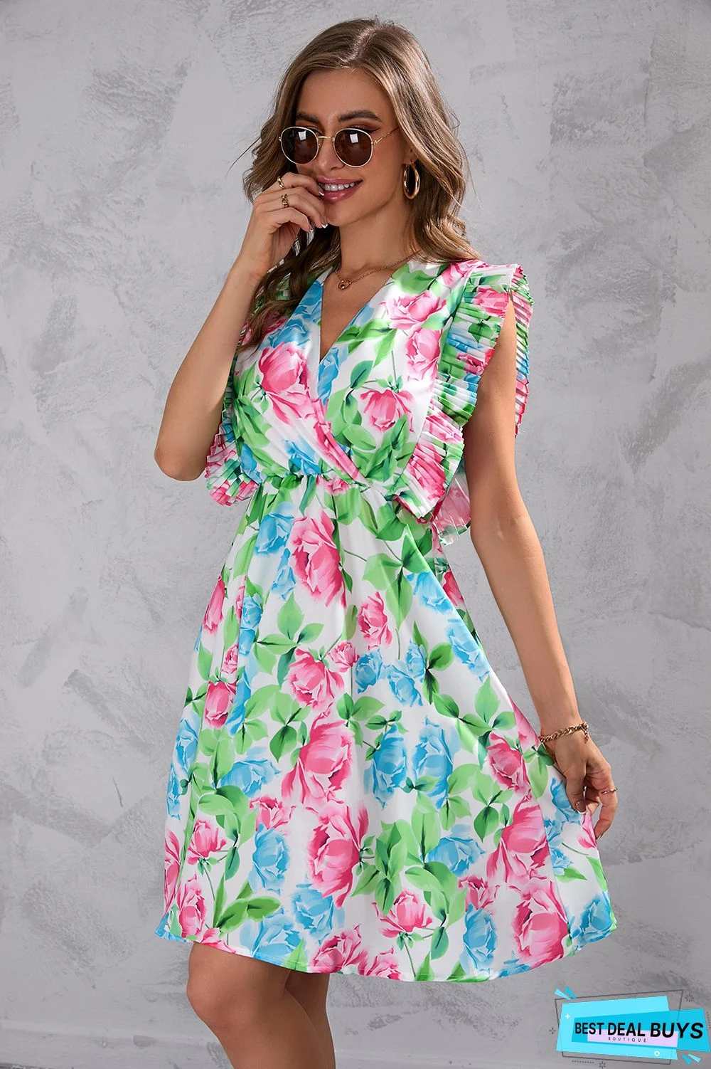 Floral Print Waist Sleeveless Dress