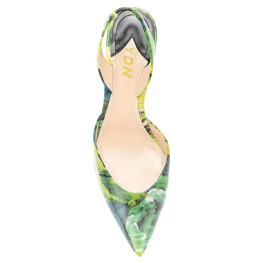 Chic Green Floral Print Pointed Toe Kitten Heel Slingback Pumps